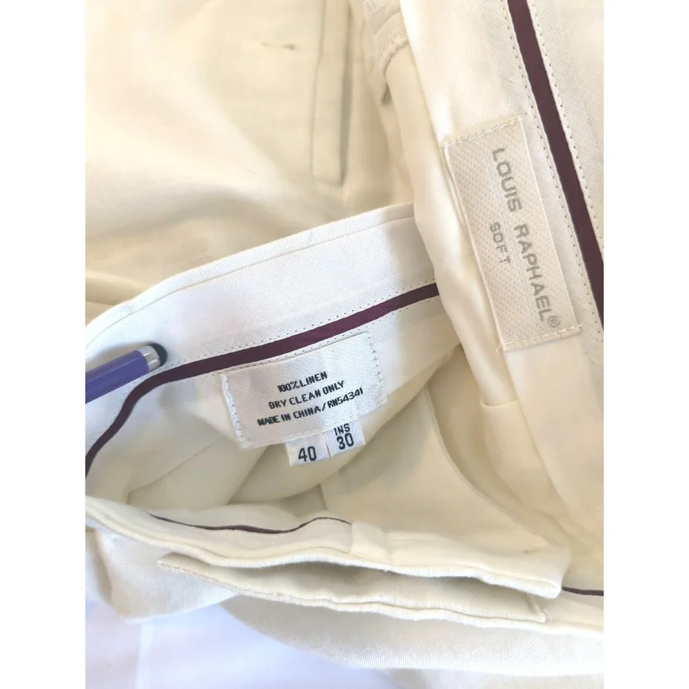 100% Linen Men Trouser Pant 40x30 Pleated Cuffed Ivory Classic Minimalist Money